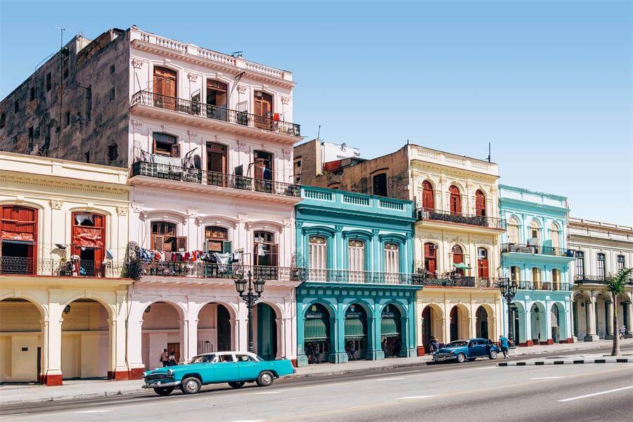 A colorful strip of buildings in Havana