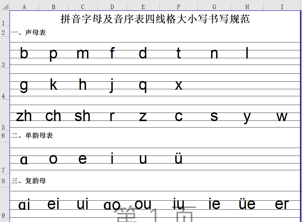 拼音字母及音序表四线格大小写书写规范-excel版.xls